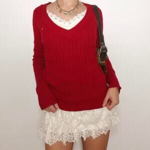 Vintage american eagle red cable vneck cable knit sweater